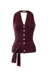Elegant cashmere gilet featuring a deep V-neck, button closure, and tied waist in a rich burgundy color.