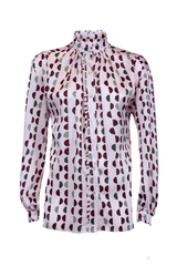 Delicate Korean-style silk blouse with ruffled sleeves and colorful abstract pattern, perfect for day or evening occasions.