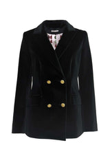 Elegante giacca doppio petto in velluto liscio, nera, con bottoni dorati e dettagli raffinati per un look sofisticato.