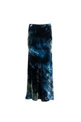 Elegant long velvet skirt in gradient blue and green hues, flowing and lightweight design for a chic silhouette.