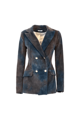 Elegant double-breasted velvet blazer in rich blue and brown tones, showcasing a tailored fit and refined style.