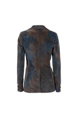 Back view of a double-breasted velvet striped jacket in blue and brown tones, showcasing elegant tailoring.