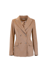 Elegant double-breasted velvet jacket in soft beige with tailored cut and refined texture.
