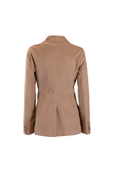 Back view of a brown double-breasted velvet jacket with tailored design and elegant finish.