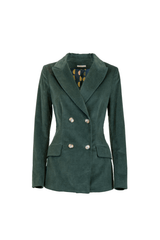 Elegante giacca doppiopetto in velluto millerighe verde, con bottoni metallici e taglio sartoriale raffinato.