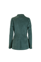 Back view of a green velvet double-breasted jacket, showcasing tailored design and refined texture.