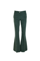 Green flared velvet trousers showcasing a sleek silhouette and rich texture, perfect for stylish outfits.