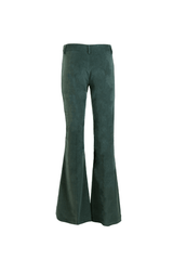 Green flared velvet pants designed for a refined and elegant silhouette, showcasing a rich texture and stylish cut.