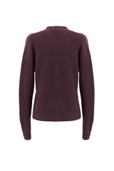 Back view of a luxurious 100% cashmere cardigan in a rich purple color, featuring a ribbed texture for added style.