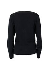 Back view of a black loose cashmere sweater with ribbed detailing.