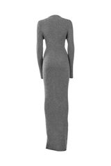 Back view of a sleek grey cashmere mermaid dress, highlighting its elegant silhouette and feminine lines.