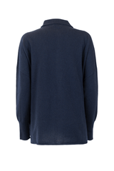 Back view of a navy cashmere shirt, showcasing its soft texture and classic collar design.