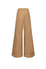 Back view of Patagonna wide-leg pants by Margheritab, showcasing their elegant design and comfort in a chic beige color.