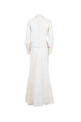 Elegant white chemisier dress with a long skirt and fitted waist, showcasing a refined back view.