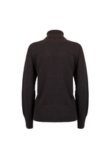 Back view of a black cashmere sweater with high collar and cozy fit, perfect for casual or formal occasions.