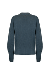 Back view of a loose-fitting cashmere crewneck sweater in deep teal color with ribbed hem.