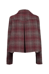Back view of a women's peacoat in a check pattern with red and gray hues, showcasing a stylish design.