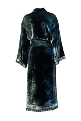 Elegant back view of a kimono-style velvet coat with a unique printed lining and soft fabric.