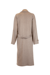 Back view of a stylish cashmere trench coat with a belt in a chic checkered pattern.