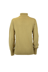 Back view of a soft cashmere turtleneck sweater in a warm beige color, showcasing relaxed fit and ribbed hem.