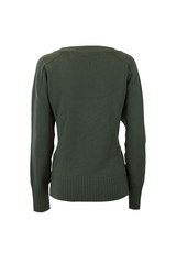 Back view of a loose-fit cashmere sweater in dark green, featuring a ribbed hem and wide V-neck design.