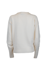 Back view of a loose-fit cashmere crewneck sweater in off-white, highlighting its elegant and relaxed style.