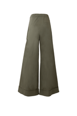 Wide-leg cotton pants with cuffed hem, in olive green, offering a blend of comfort and elegance.