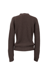 Back view of a cozy, dark brown cashmere cardigan with ribbed texture and relaxed fit.