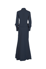 Elegant navy blue velvet chemisier dress with long sleeves and flowing skirt, showcasing a comfortable fit.