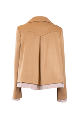 Back view of a light brown cashmere peacoat featuring a distinctive collar and tailored design details.