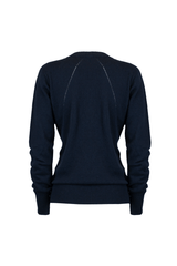 Back view of a navy blue cashmere sweater with a classic design and ribbed detailing.