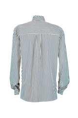 Back view of a striped loose-fitting Korean collar shirt with delicate ruffles and cuffs.