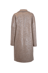 Back view of elegant bouclé coat with sequins, showcasing its stylish design and textured finish.