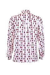 Blusa coreana in pura seta con maniche arricciate e motivo a fantasie a pallini, vista posteriore.