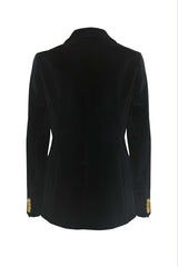 Back view of a black double-breasted velvet jacket with elegant detailing, perfect for special occasions.