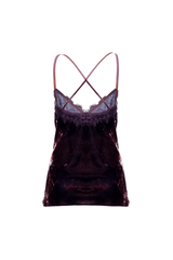 Elegant velvet slip top with lace inserts and crisscross straps, perfect for layering or wearing solo.