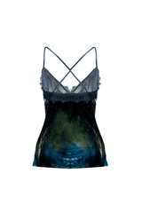 Elegant velvet camisole with lace inserts, featuring a gradient design in dark hues.