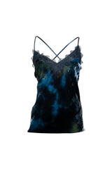 Top Pizzo Velluto in blue and green tie-dye velvet with lace details and crisscross straps.