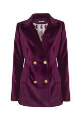 Elegant double-breasted purple velvet blazer with gold buttons, perfect for special occasions.