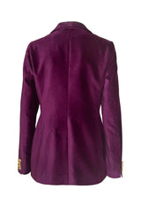 Back view of a purple double-breasted velvet jacket with elegant detailing, perfect for sophisticated occasions.