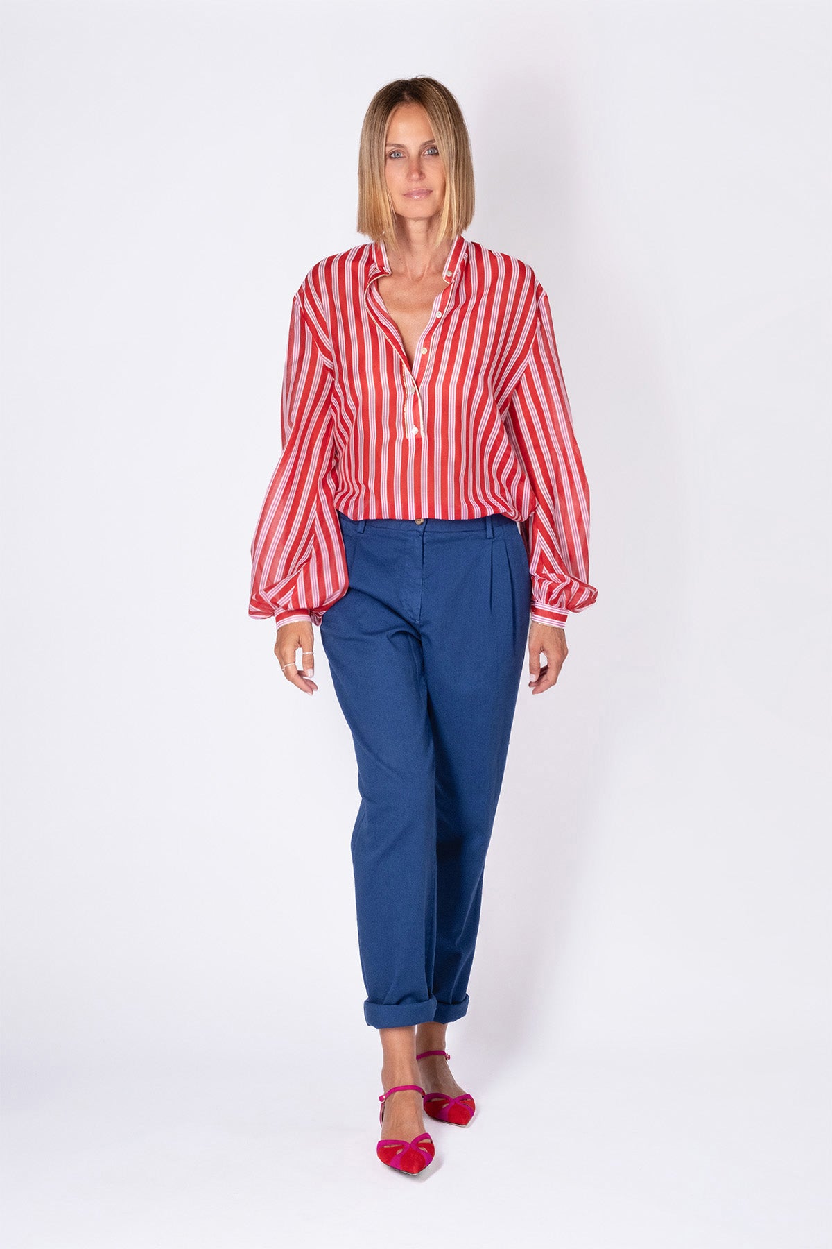 CAMICIA COREANA RIGATA ROSSA-ROSA