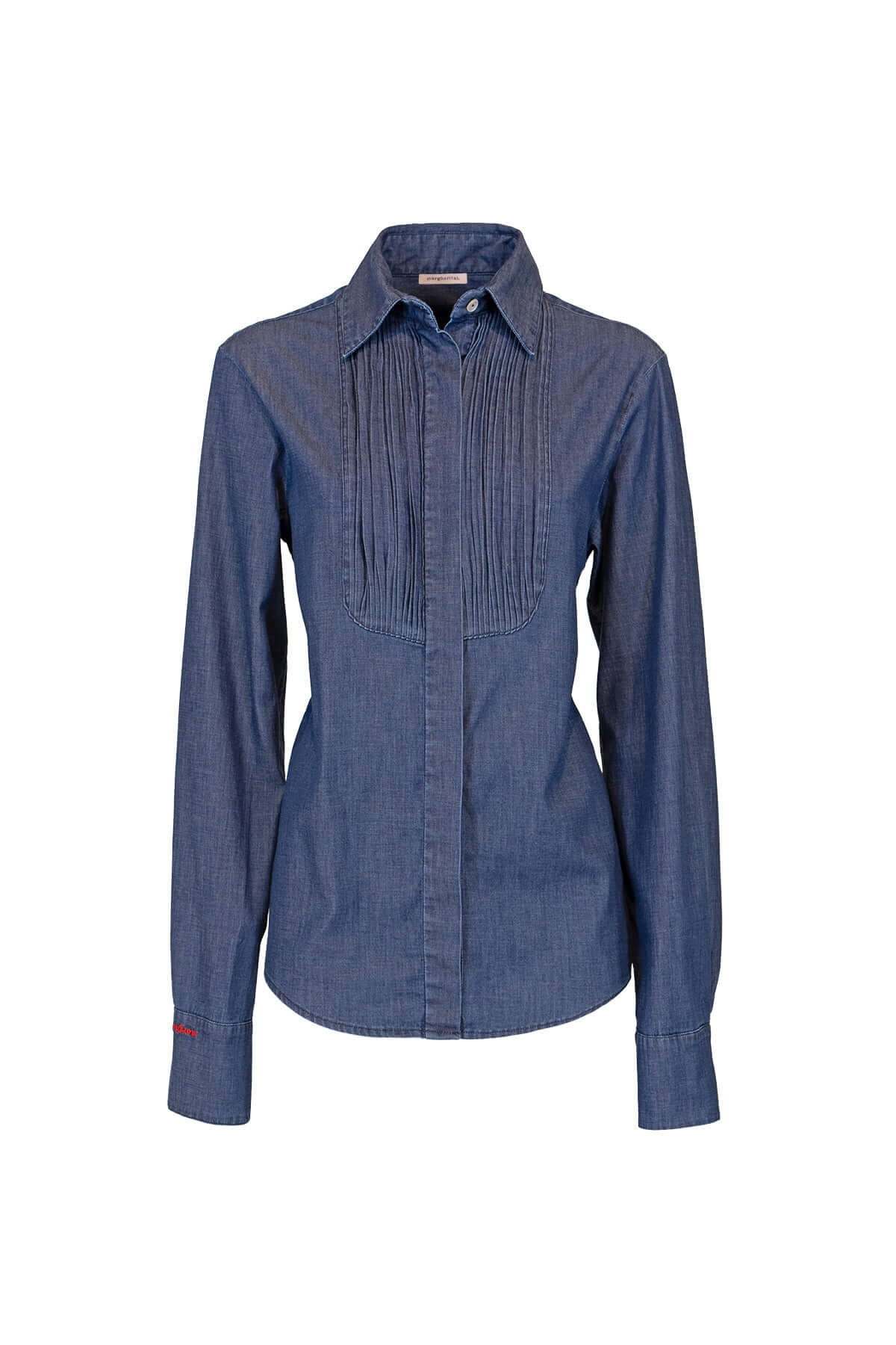 Denim shirt with pleated yoke, tailored details, and logo embroidery for a contemporary style.