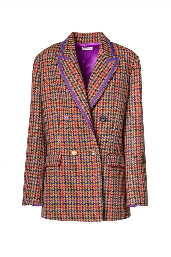 Double-breasted oversized blazer with check pattern and contrasting purple details.