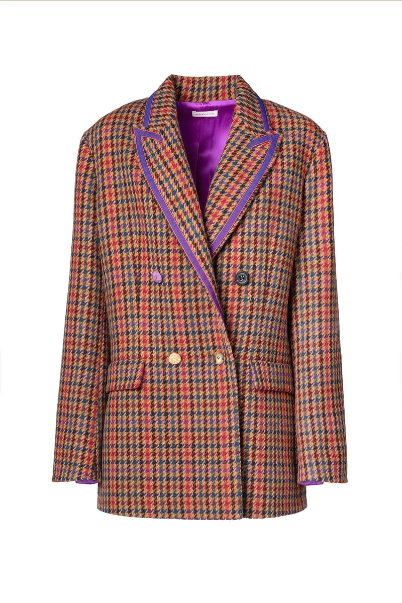 Double-breasted oversized blazer with check pattern and contrasting purple details.