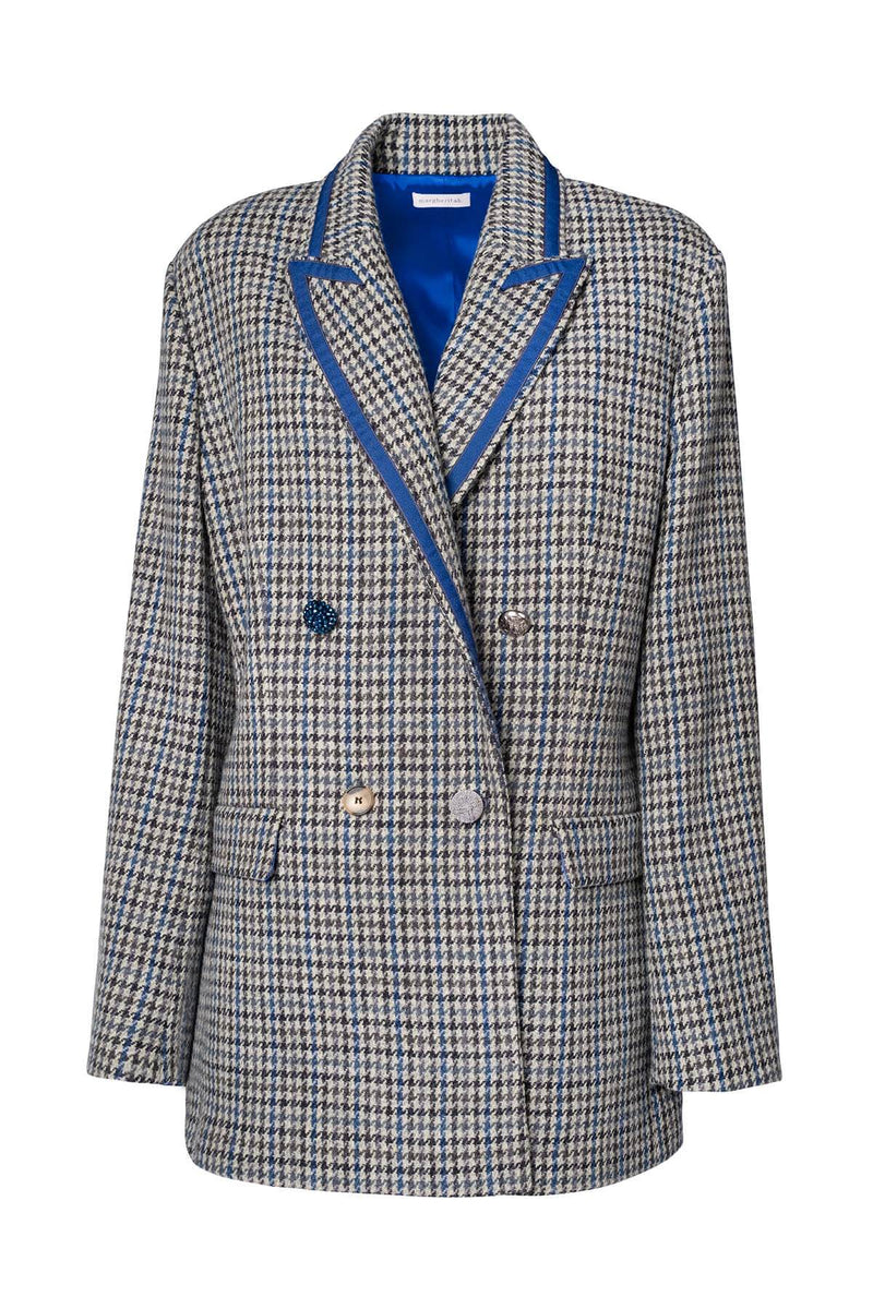 Double-breasted over blazer with check pattern and blue satin detail, featuring stylish buttons and relaxed fit.