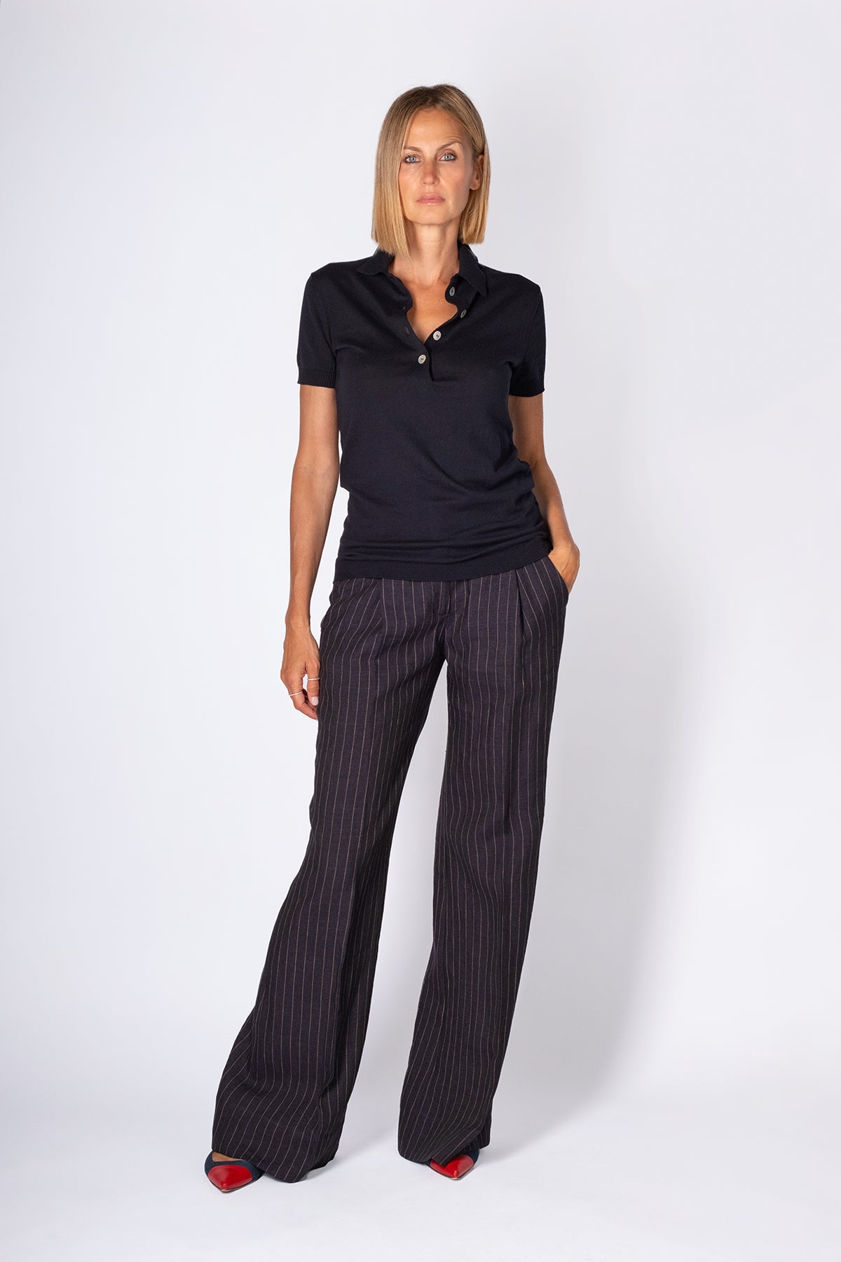 PANTALONE LINO GESSATO BLU NAVY