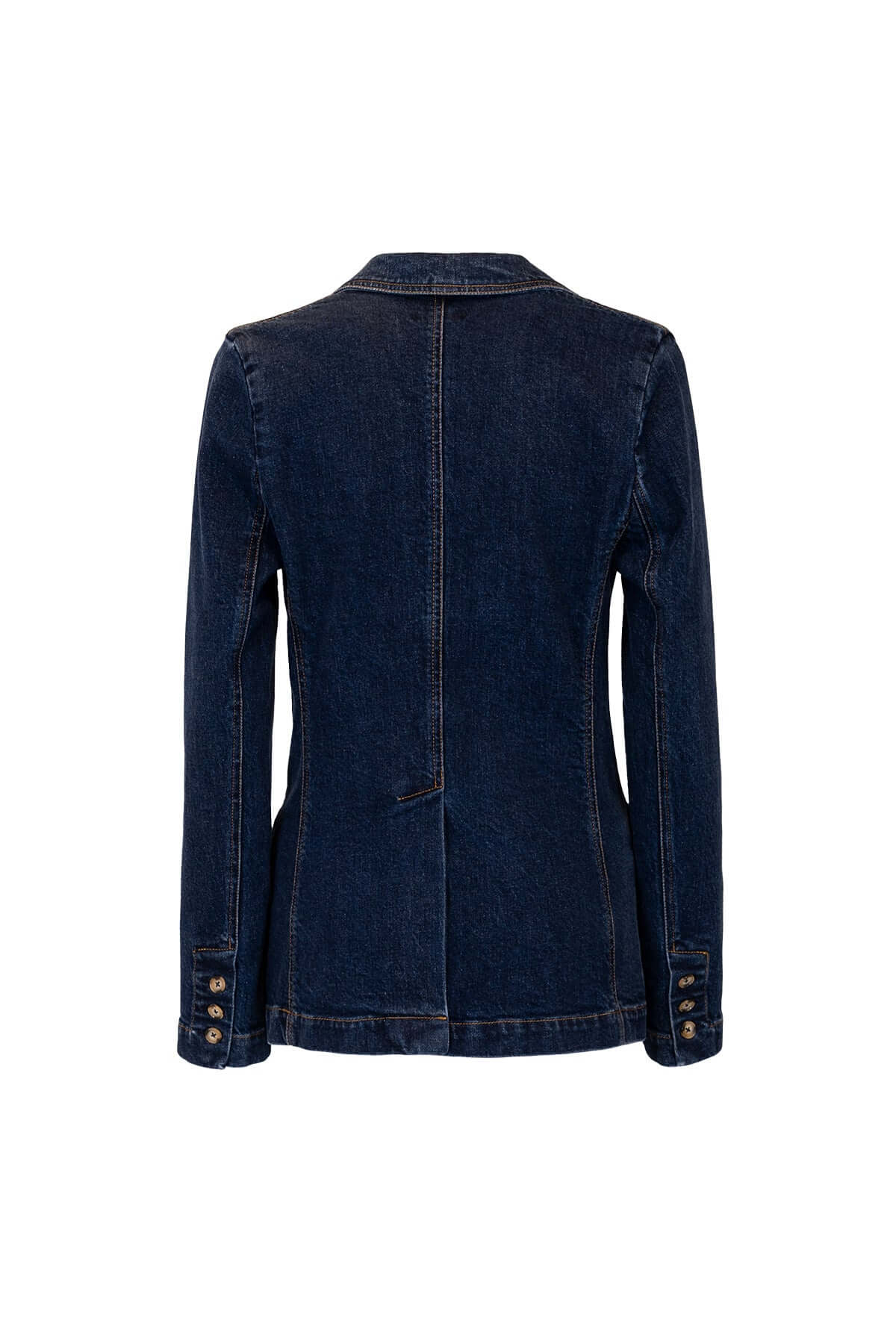 Back view of a sophisticated denim blazer, featuring a tailored fit and button details.