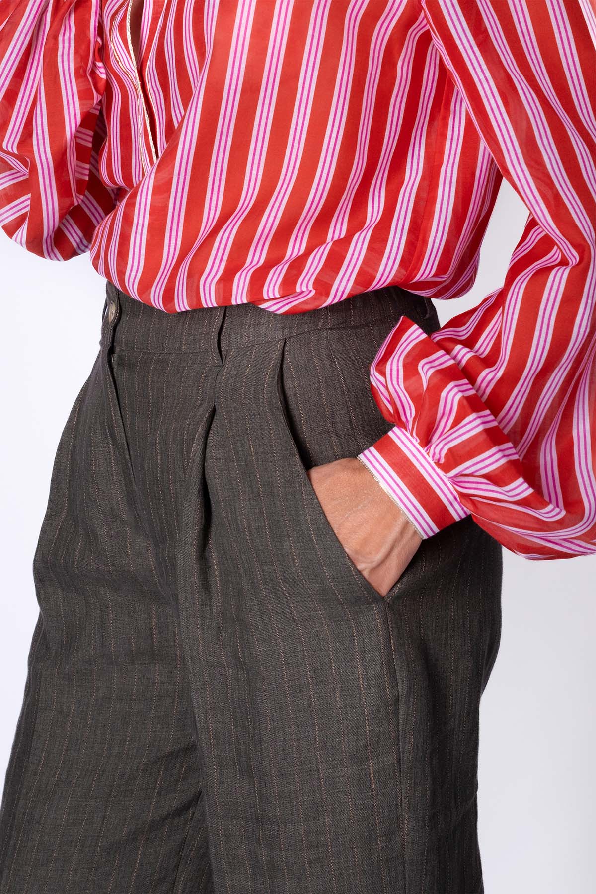 PANTALONE LINO GESSATO VERDE MILITARY