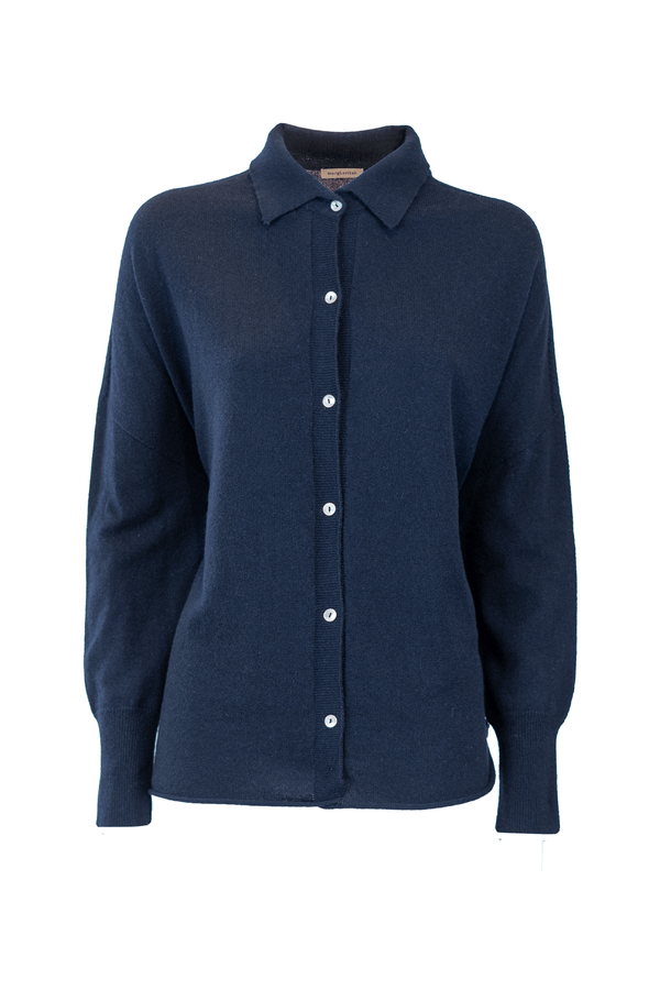 Elegant navy cashmere shirt with button closure and classic collar, perfect for luxurious comfort.