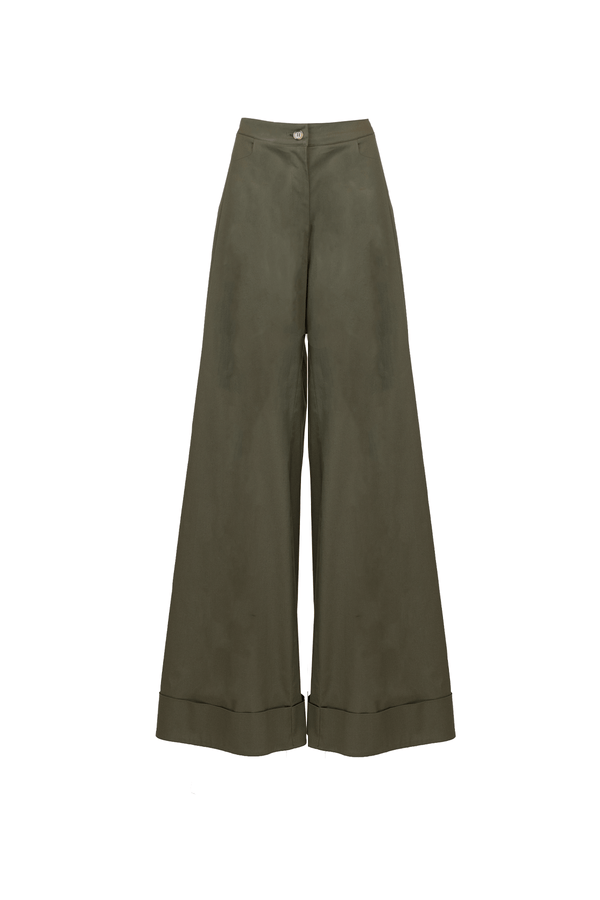 Pantaloni ampi in cotone color verde oliva con risvolto, firmati Margheritab. Eleganza e comfort per ogni donna.
